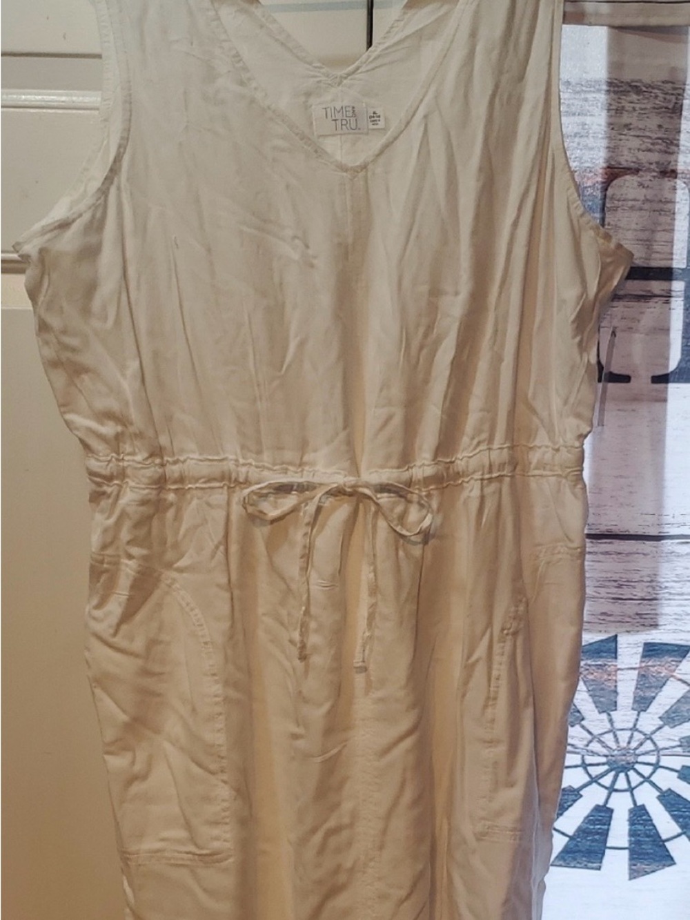 Time and Tru Cream Sleeveless V-Neck Drawstring Waist Dress